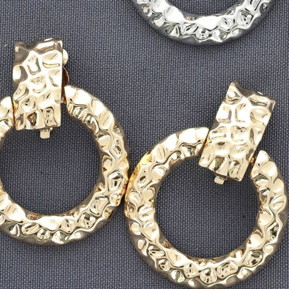 Hammered Metal Circle Door Knocker Clip On Earrings Gold
